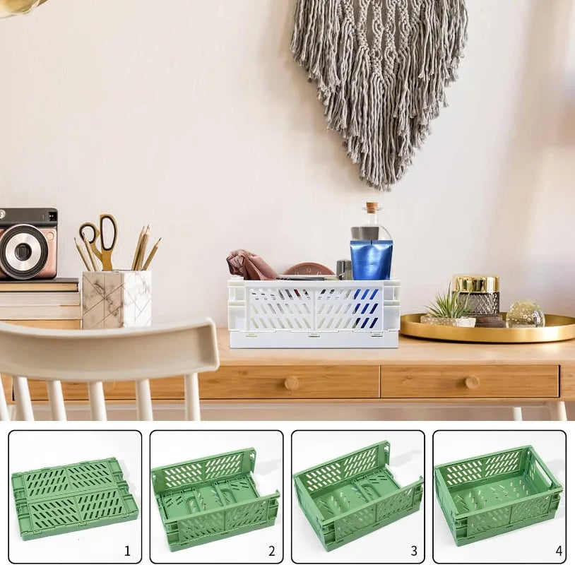 Plastic Foldable Storage Baskets – Stackable Organizer Boxes for Kitchen, Bathroom, Office & Desktop